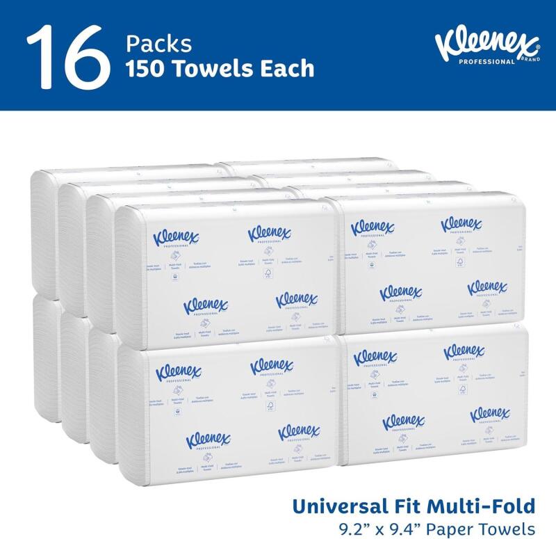 New Kleenex Professional Universal Multifold Paper Towels, Bulk (01890), Absorbency Pockets, 9.2" x 9.4" Towel, White (150 Sheets/Pack, 16 Packs/Case, 2,400 Sheet Total)