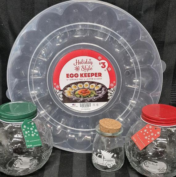 4 New Kitchen Accessories- Glass Candy Jars, Egg Keeper Tray with Lid +