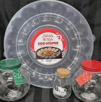 4 New Kitchen Accessories- Glass Candy Jars, Egg Keeper Tray with Lid +