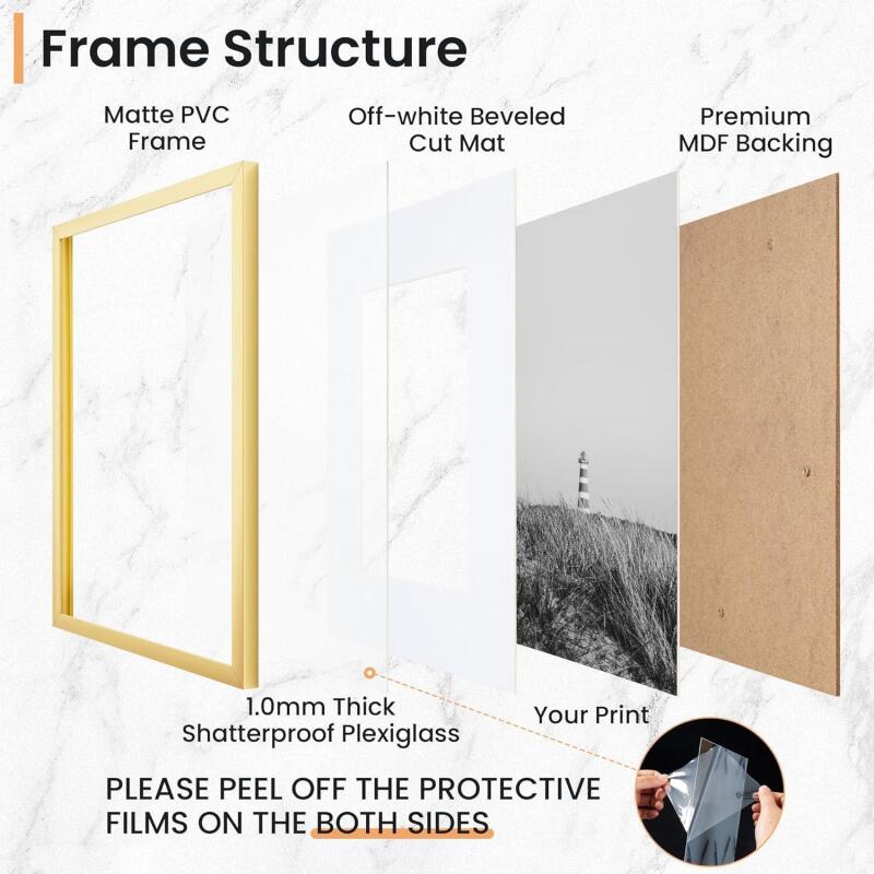 New 16x24 inch Gold Metal Poster Frame - 16 x 24 Thin Aluminum Picture Frame Matted for 12x18 Photos, Artworks, Prints, Puzzle - High Definition Plexiglass - Vertical and Horizontal Display - Wall Hook