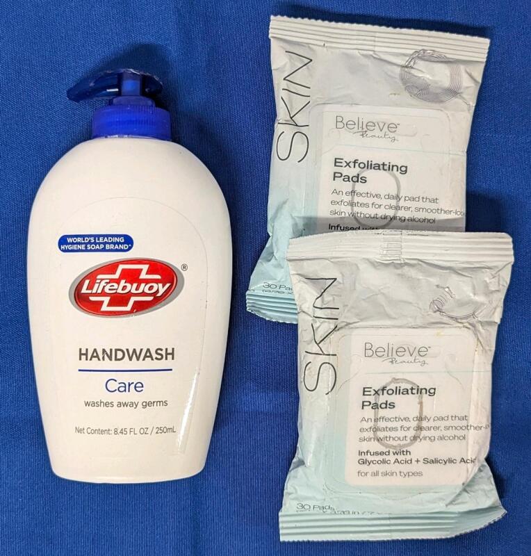 New LIFEBUOY Handwash Care 250ml (Part of Pump Handle Chipped) & 2&times; BELIEVE Beauty Exfoliating Pads Infused With Glycolic + Salicylic Acid (30 Pads Each, 60 Pads Total)