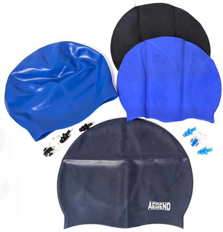 4 New Adult-Size Unisex Silicone Swim Caps by AEGEND, Amazon Basics, 2 Pairs Earplugs & 2 Nose Plugs