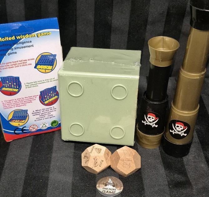 New Mixed Miscellaneous - Travel Connect Four, Cube Organizer 3.5" by 3.5", Food Dice, Flip Coin Game/ Bedtime +