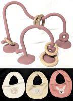 New 2-Pack Silicone Suction Toys With Wooden Rings (Up To 18.5" Long) & 3 Baby Burp Bibs - 100% Viscose