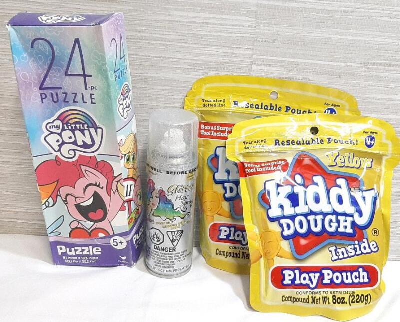 Lot of As New Kids Products, Including My Little Pony 24pc Puzzle, 2 Kiddy Dough Pouches & Glitter Hair Spray