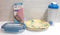 Lot of Indoor Products, Including Paper Plates, Water Bottle, Icing & Fondant Smoother & Snap Lid Container