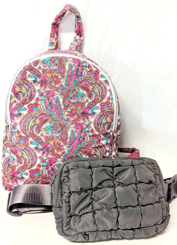 New Quilted Pink Paisley Small Backpack & Puffer-Style Fanny Pack / Belt Bag, 6" - 12" Long