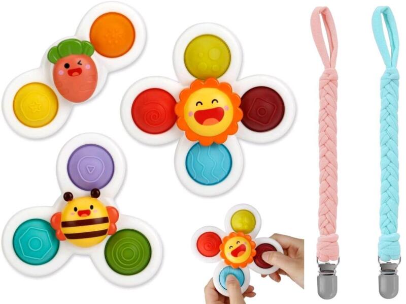 New 3Pcs Suction Cup Spinner Toys With Popping Spinning Action Up To 5" Long + 2 New Braided Pacifier Clips 8.5" Long Each