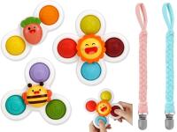 New 3Pcs Suction Cup Spinner Toys With Popping Spinning Action Up To 5" Long + 2 New Braided Pacifier Clips 8.5" Long Each