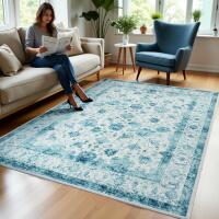 New 6x9 Washable Area Rugs, Vintage Non-Slip Floral Living Room Rug, Indoor Foldable Floor Thin Low Pile Carpet for Farmhouse Bedroom Dining Room Blue