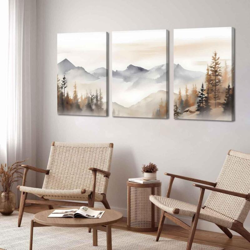 New LBARTXY 3Pcs Framed Neutral Mountain Canvas Wall Art Forest Landscape Posters Prints Modern Abstract Watercolor Paintings Wall Decor Pictures for Living Room Bedroom Decoration, 16x24in