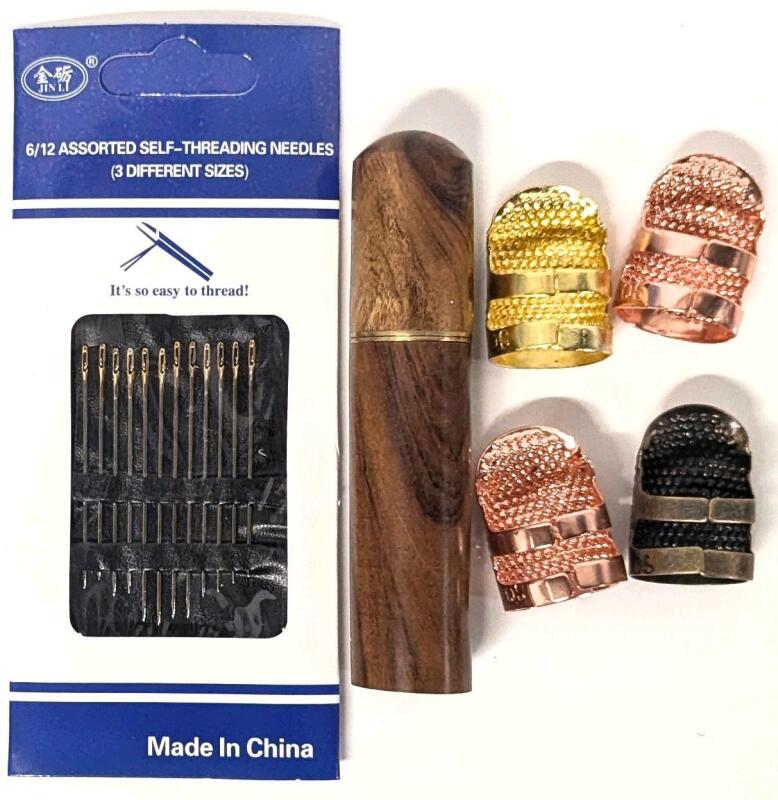 New 12-Pack Self-Threading Sewing Needles With Wood Storage Case & 5 Retro Antique-Style Thimbles O/S