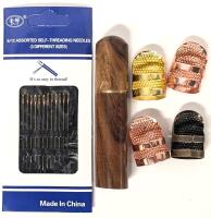 New 12-Pack Self-Threading Sewing Needles With Wood Storage Case & 5 Retro Antique-Style Thimbles O/S