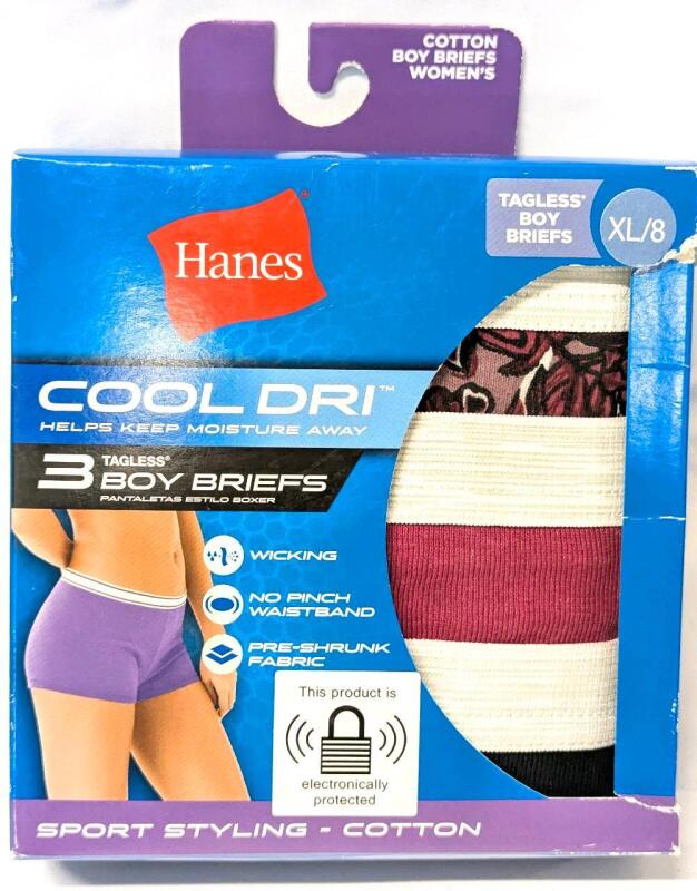 New Size XL (8) Women's 3-Pack HANES Cool Dri Tagless Boy Briefs, Sport Styling, 100% Cotton