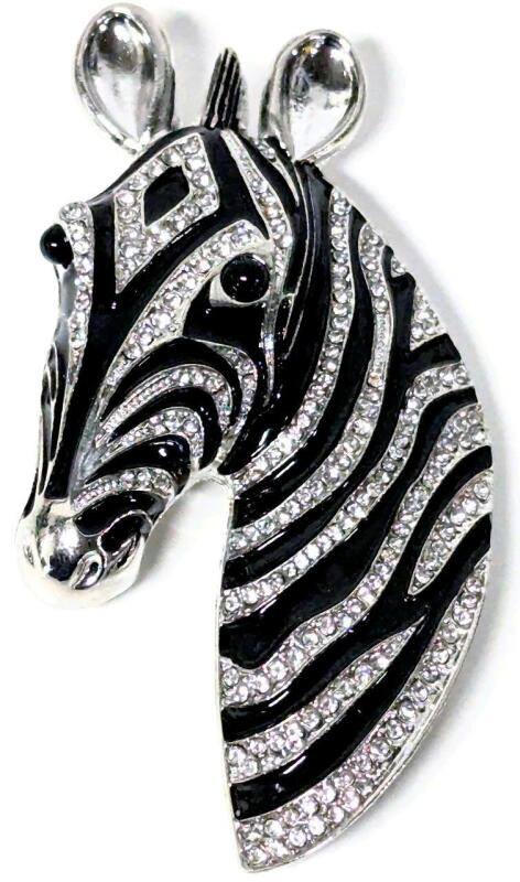 Retro Substantial Two-Tone Rhinestone Enamel Zebra Brooch. 3.5" Long