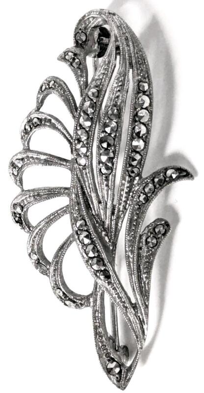 Signed Vintage Stamped STERLING Silver Marcasite Feather/Leaf Brooch 1.75" Long