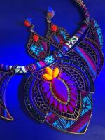 Statement Ethnic Tribal Necklace Earrings Set Glows Necklace 16 + 1.5&rsquo;&rsquo; Pierced post back 2.25&rsquo;&rsquo; drop Earrings