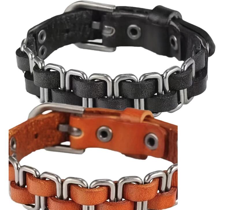 Two Braided Leather Bracelets One Orange One Black Buckle Clasp Total Length 10&rsquo;&rsquo; Approximately 7-8 inch wearable