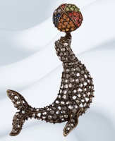 Vintage Copper Rhinestone Seal Brooch Elegantly Designed Colourful Crystal Playful Ball Detail French Retro Style Sogned Appropriately 2 x 3.34 Inch