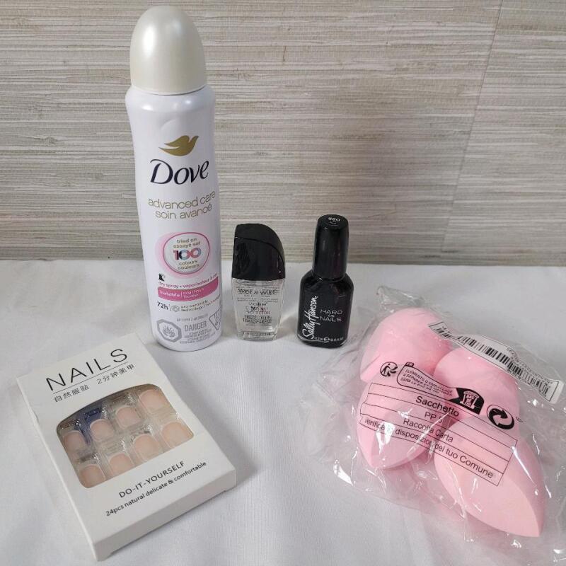 New Women's Make-Up / Beauty Lot . Two (2) Nail Polish , Fake Nails , Make-Up Sponges & Dove Advanced Care Dry-Spray