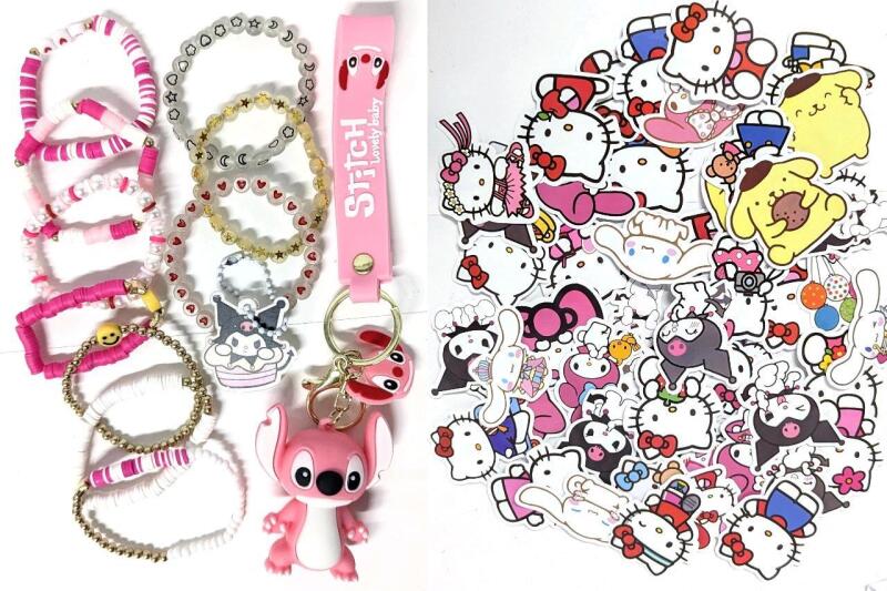 10 New Kids Elastic Bracelets, Silicone 3D STITCH Figure Keychain Strap, 50 New Sanrio Hello Kitty Character Stickers Around 2.25" Long + Kuromi Keychain