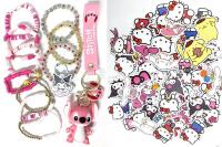 10 New Kids Elastic Bracelets, Silicone 3D STITCH Figure Keychain Strap, 50 New Sanrio Hello Kitty Character Stickers Around 2.25" Long + Kuromi Keychain