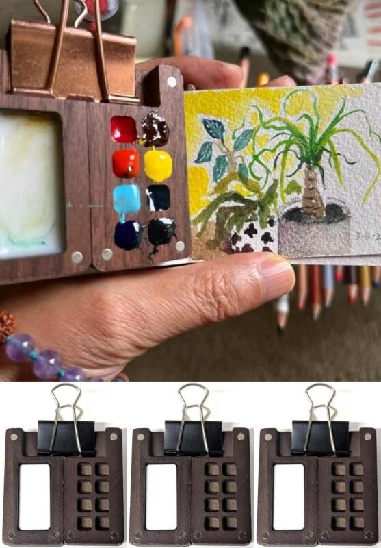 3 New Miniature Travel Magnetic Wooden Paint Pallettes With Mixing Plates & Clips, 2.75" Long Each