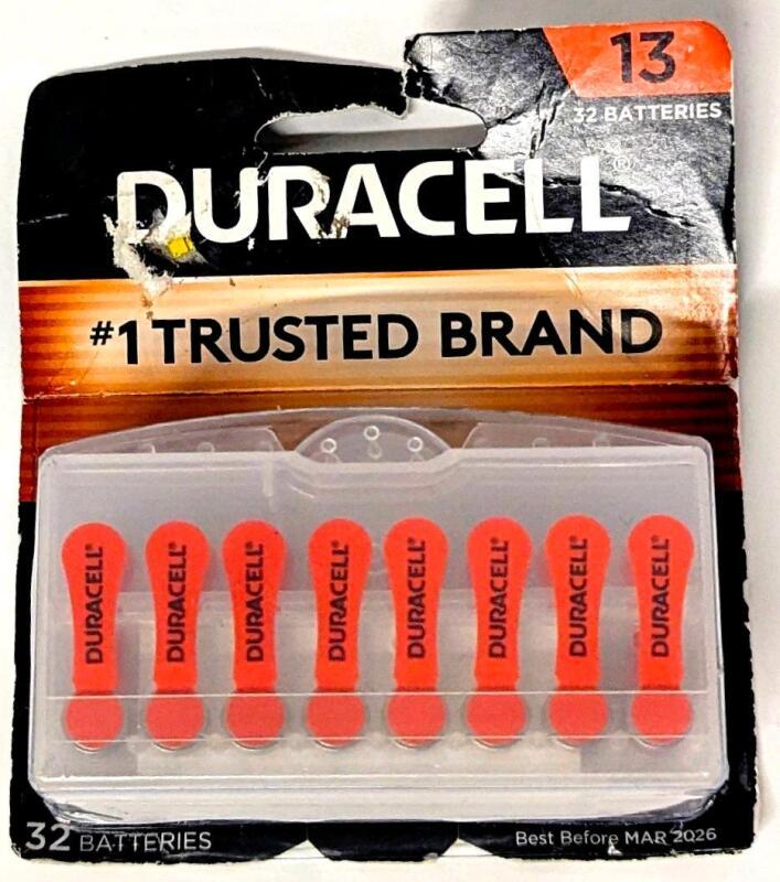New 32-Pack DURACELL 13A Hearing Aid Batteries, Extra-Long EasyTab Install for Hearing Aid Devices Best By Mar 2026