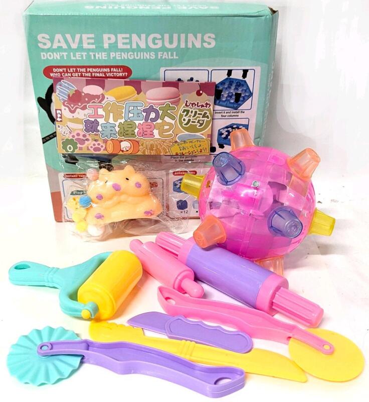 New "Save The Penguins" Game, Squishy Hamster Stress Toy With Accessories, Super Light-Up Singing Bouncing Ball (Needs 4&times; AA Batteries) & 7pc Plastic Kitchen Clay Crafting Tools