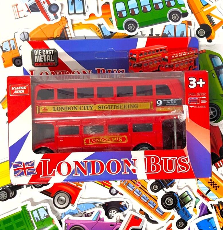 50 New Car & Industrial Vehicle Stickers (Most Around 3" Long) & Pull + Go Action Diecast London Double Decker Bus 3" Tall