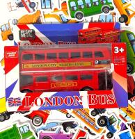 50 New Car & Industrial Vehicle Stickers (Most Around 3" Long) & Pull + Go Action Diecast London Double Decker Bus 3" Tall