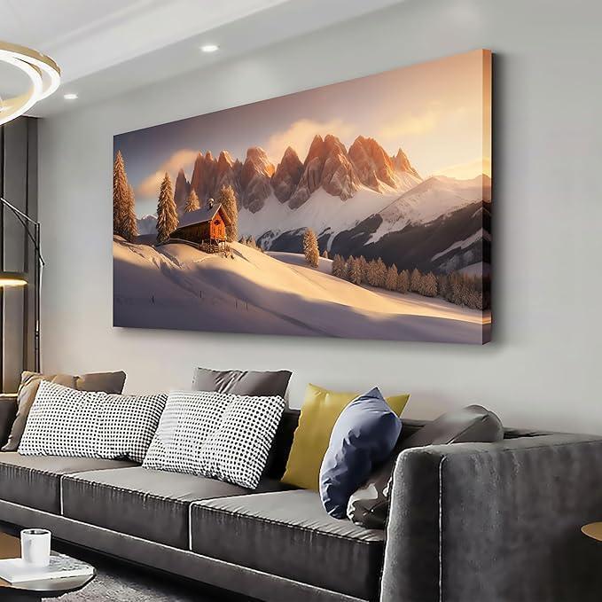 New AERART Landscape Wall Art Snow Mountain Huts Sunset Scenary Retails $190 plus Canvas Picture Wall Decor Artwork Living Room Bedroom Office Decor Art 20"x40"