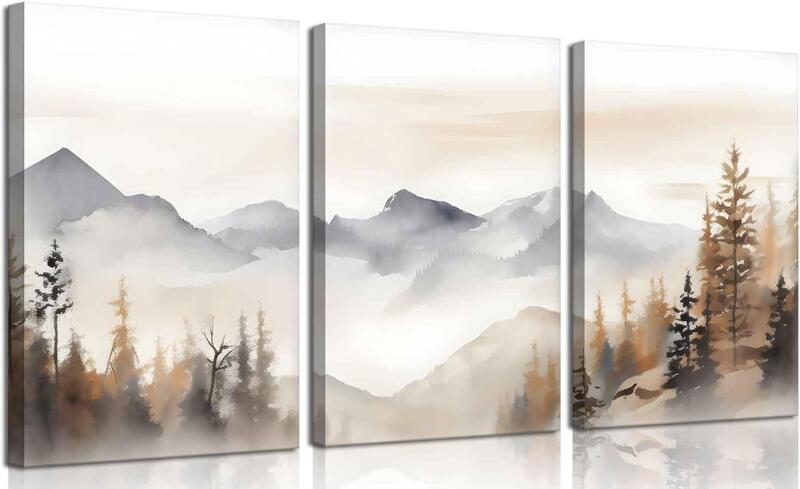 New LBARTXY 3Pcs Framed Neutral Mountain Canvas Wall Art Forest Landscape Posters Prints Modern Abstract Watercolor Paintings Wall Decor Pictures for Living Room Bedroom Decoration, 16x24in