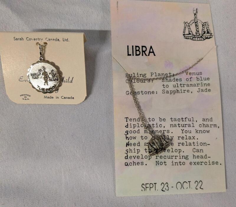 2 New Pieces of Jewellery. Sarah Coventry Every Day Child Tuesday Pendant & Libra Necklace.