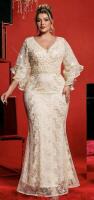 New sz 2XL Women's Faux Pearl & Rhinestone Decor Lotus Sleeve Lace Formal Mermaid Dress Gown