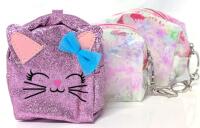 3 New Coin Purses / Small Pouches : 2&times; Clear Zippered Graphic Keychain Pouches (Watercolor Pastels) & Adorable Pink Glitter Kitten Bag With Clip, Up To 4.25" Tall