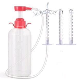 New Pump-Action Enema Kit 3 Soft Malleable Ribbed Insertion Nozzles, Bottle 6" Tall Excluding Pump + Cap