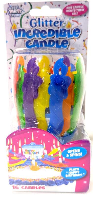 New INCREDIBLE GLITTER CANDLE: Candle Opens, Spins & Plays "Happy Birthday", 16 Candles, First Wick Lights All! Approx 4" Tall