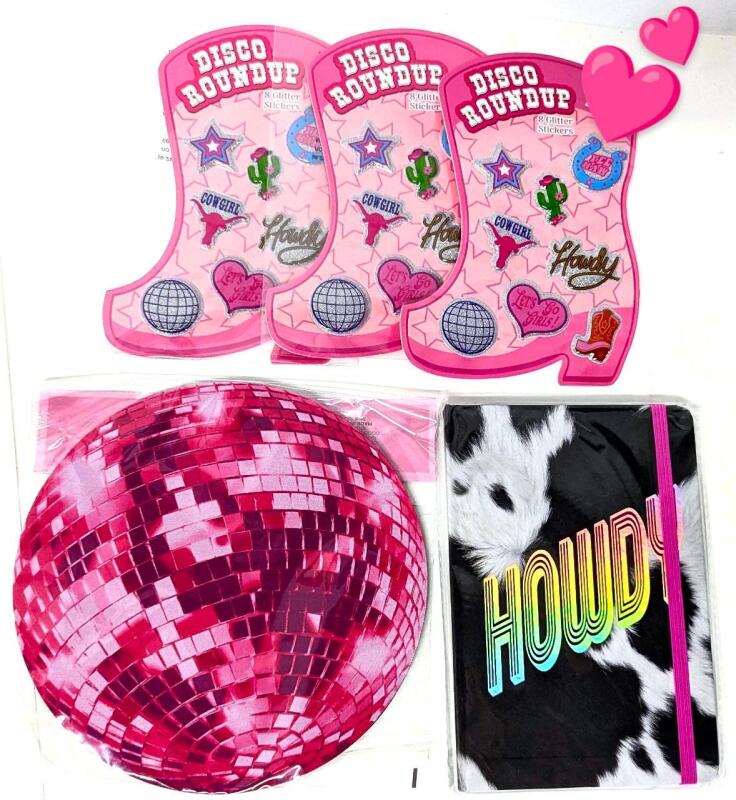 New Pink Cowboy Disco Club: 3&times; 8-Packs Puffy Glitter Stickers, 7.75" Diameter Disco Ball Mousepad & 75-Sheet Holographic HOWDY Lined Journal 5" &times; 7"