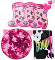 New Pink Cowboy Disco Club: 3&times; 8-Packs Puffy Glitter Stickers, 7.75" Diameter Disco Ball Mousepad & 75-Sheet Holographic HOWDY Lined Journal 5" &times; 7"