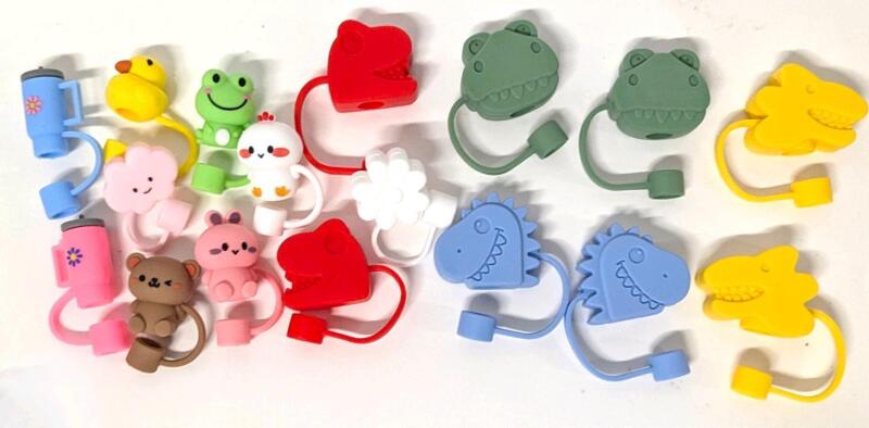 17 New Colorful Silicone Reusable Straw Cap Covers : 8&times; Dinosaurs, 5&times; 3D Animal Characters, 2&times; Stanley Cups, Cloud & Flower, Caps Up To 1.5" Long
