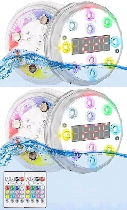 New 4-Pack Submersible Pool / Bath Lights With Temperature Check Digital Display, 2 Remote Controls, Battery Operated, Each Requires 3 AA Batteries (Not Included), Magnetic Backs With Plates