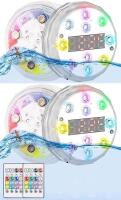 New 4-Pack Submersible Pool / Bath Lights With Temperature Check Digital Display, 2 Remote Controls, Battery Operated, Each Requires 3 AA Batteries (Not Included), Magnetic Backs With Plates