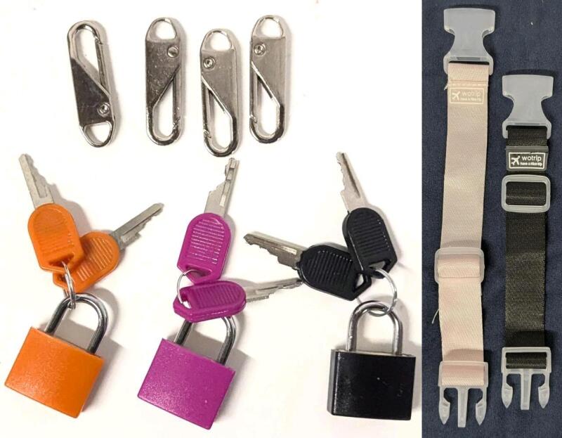 2 New Luggage Carry Clip Buckles Adjustable Up To 9" Long, 3 Luggage Locks With 2 Color-Codes Keys Each, 4 Metal Zipper Slider Pullers