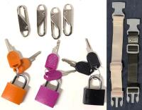 2 New Luggage Carry Clip Buckles Adjustable Up To 9" Long, 3 Luggage Locks With 2 Color-Codes Keys Each, 4 Metal Zipper Slider Pullers