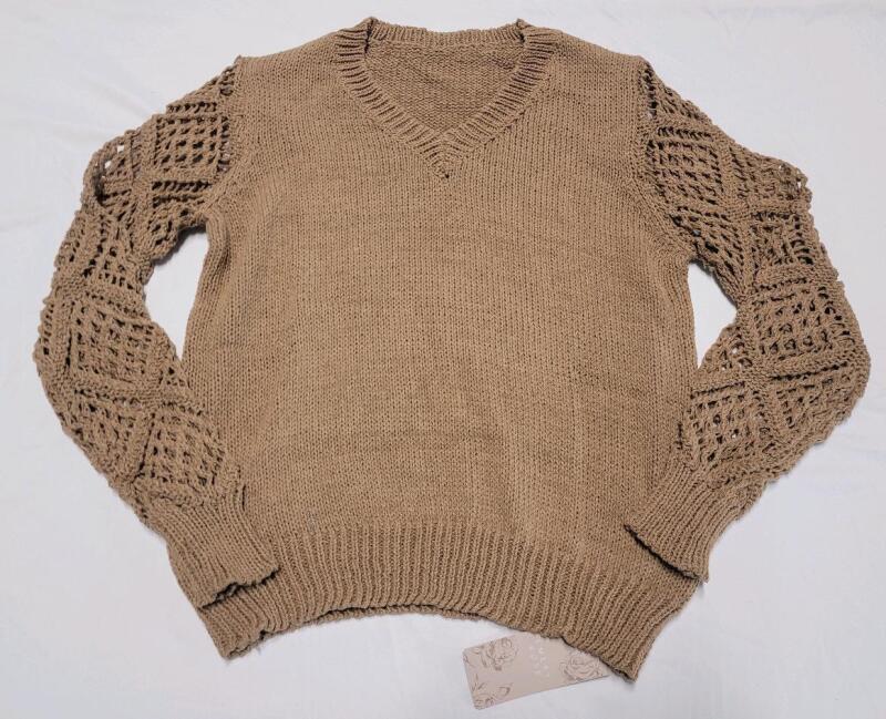 New Women's Over Size Small Knit Peak-A-Bo Long Sleeve Sweater , Beige
