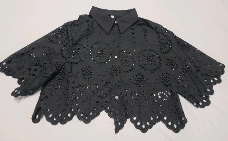 New Women's Sz. Large Floral Cutwork Scallop Hem Poplin Blouse , Black