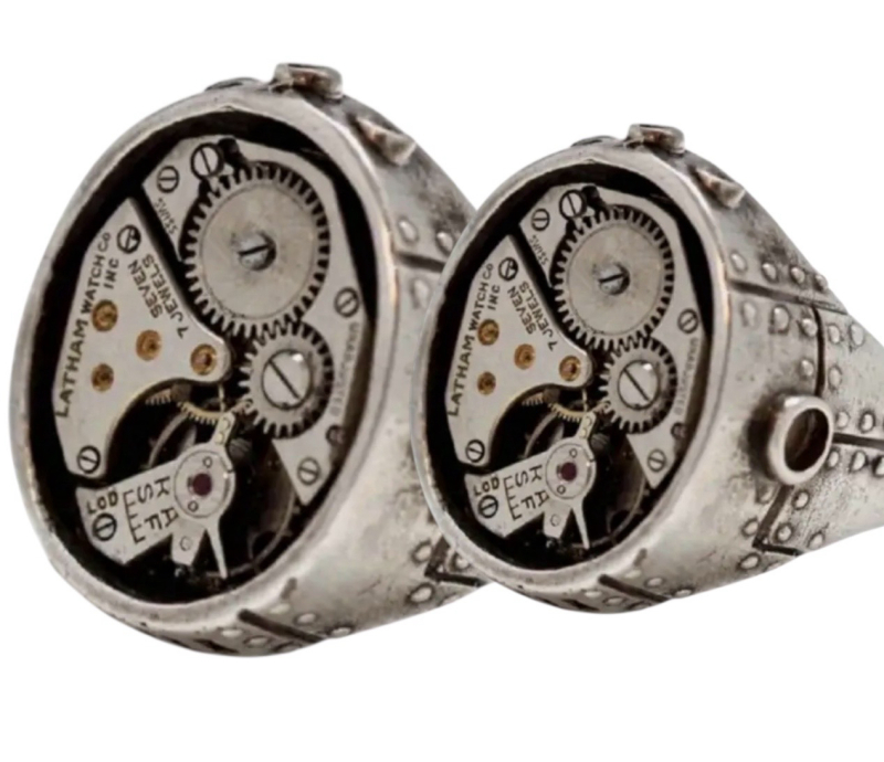Two Unique Elegant Mechanical Disk Clock Design Ring with Metallic Gears Roman Numerals Timepiece Style Size 10 and 12