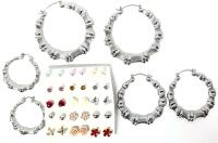 18 New Pairs Pierced Earrings: 3 Pairs Bamboo Hoops Up To 2.5" Diameter & 15 Pairs Studs Incl Swallows, Roses, Butterflies, Faux Pearls, Rhinestone +