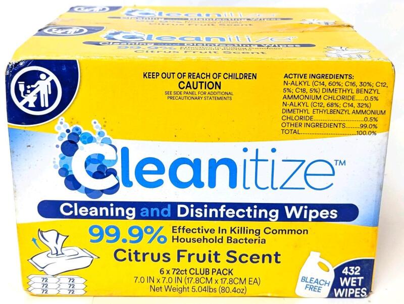 New Case of CLEANITIZE Bleach-Free Cleaning and Disinfecting Wet Wipes, Citrus Fruit Scent, 6&times; Packages 72 Wipes (7" &times; 7") Each